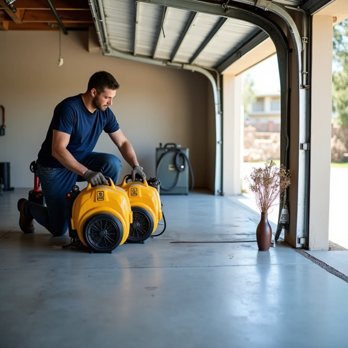 Air movers positioned across a garage slab with a dehumidifier running and the shared wall baseboard removed for cavity