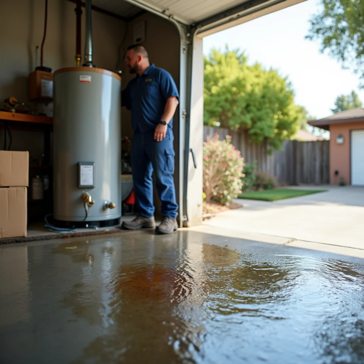 Water heater leak flooding a garage floor in a Whittier, CA home