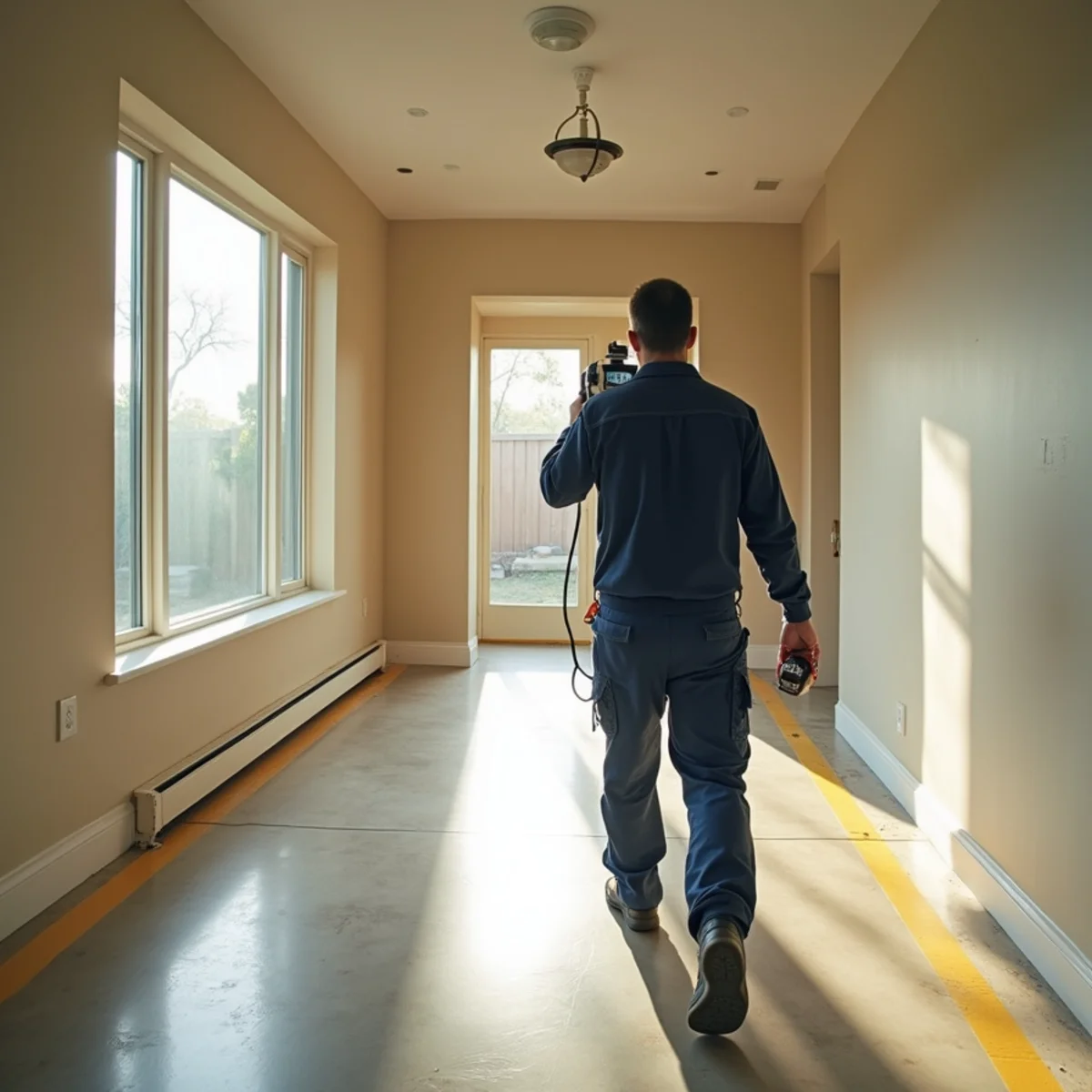Technician moving through a large open-plan 1970s home with a thermal camera