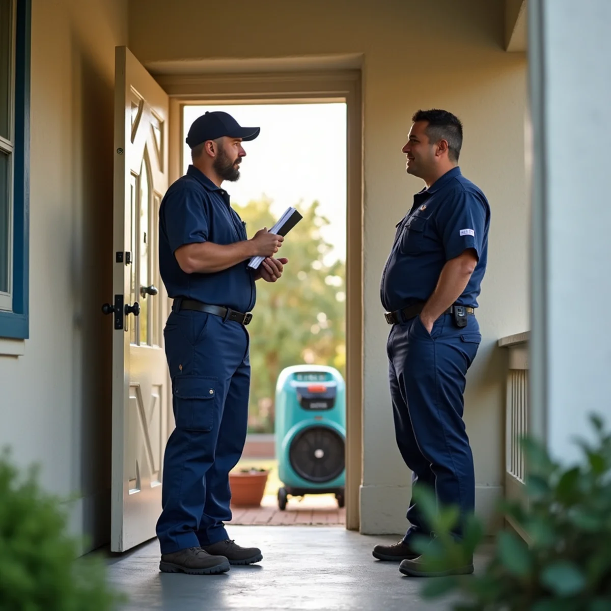 Restoration technician talking with a tenant on the porch of a 1920s home near Whittier College
