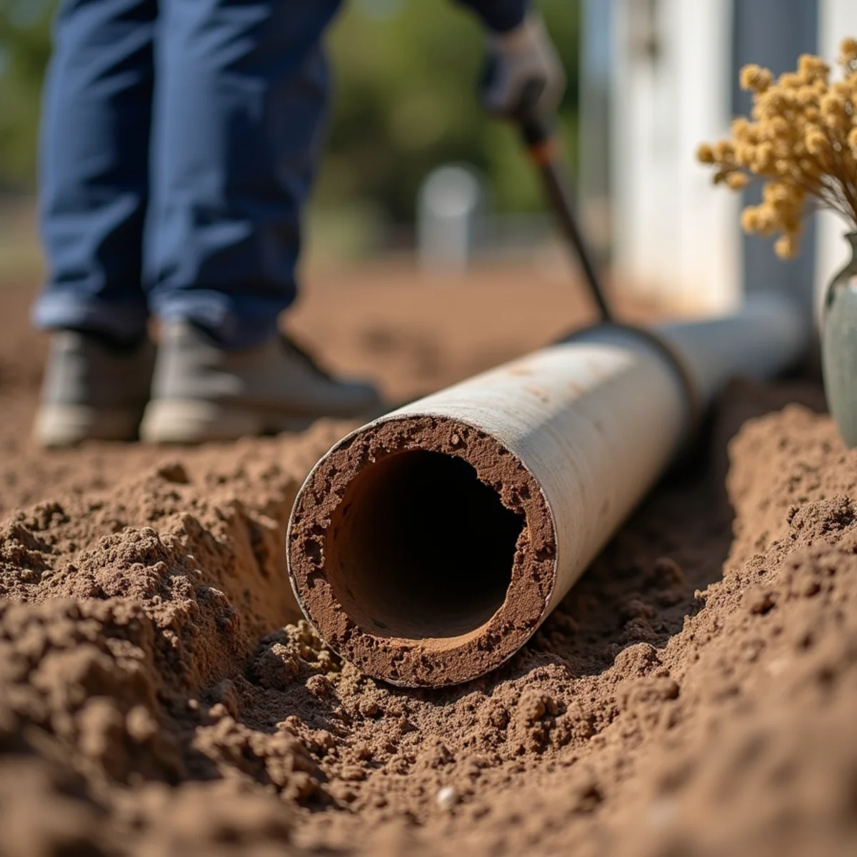 Cut section of clay sewer pipe on the ground with a dense root mass pulled out beside it