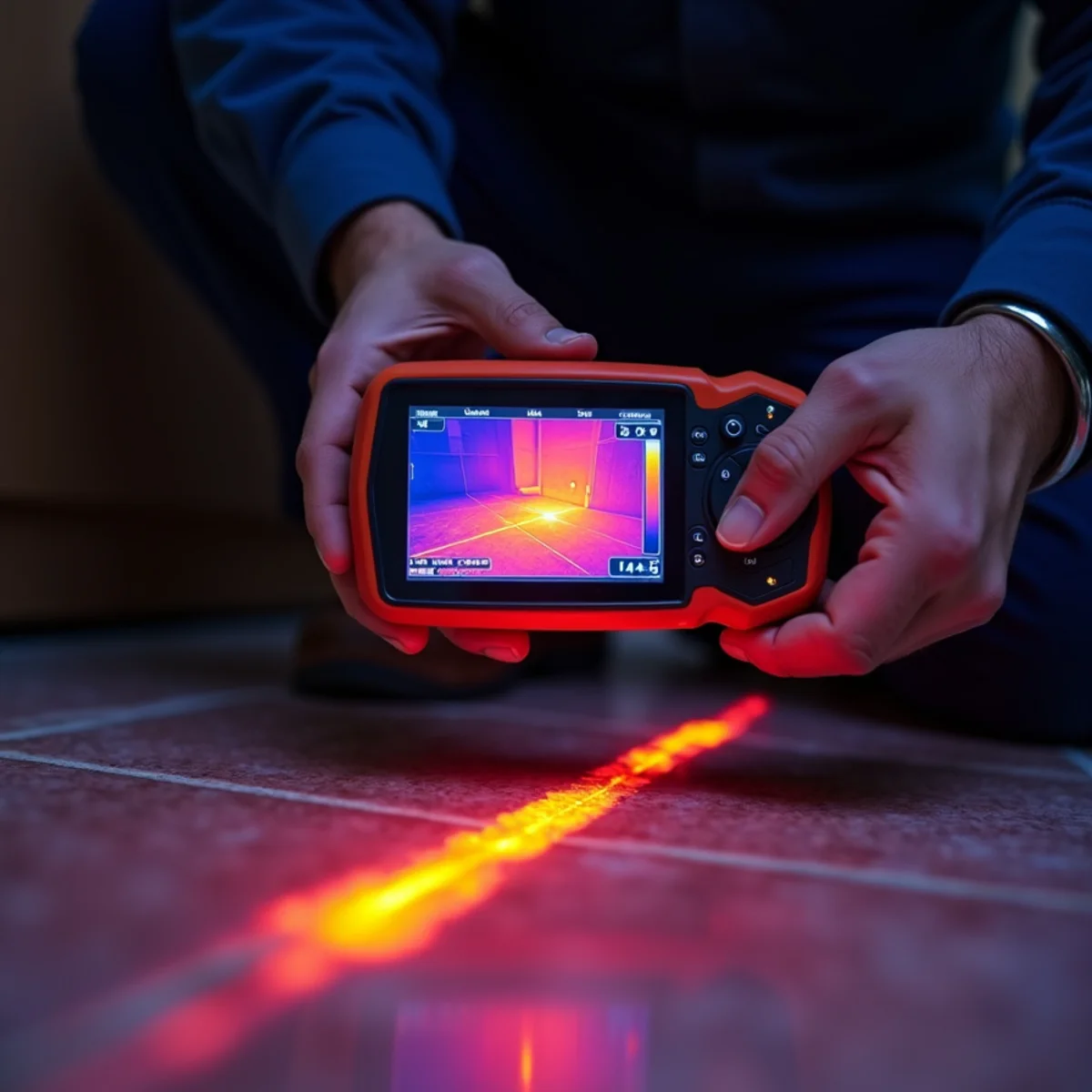 Thermal imaging camera screen held over a tile floor showing a bright warm line tracking a hot water line under the slab