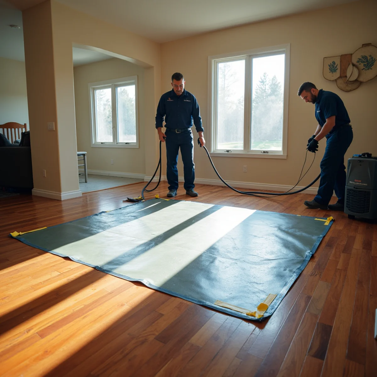Mat drying system taped down across a solid hardwood floor in a large custom home