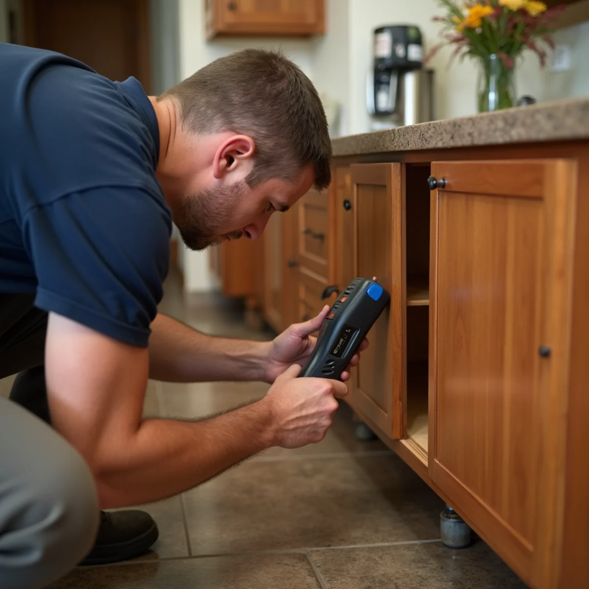 Technician taking a moisture reading inside the base of a custom timber kitchen cabinet