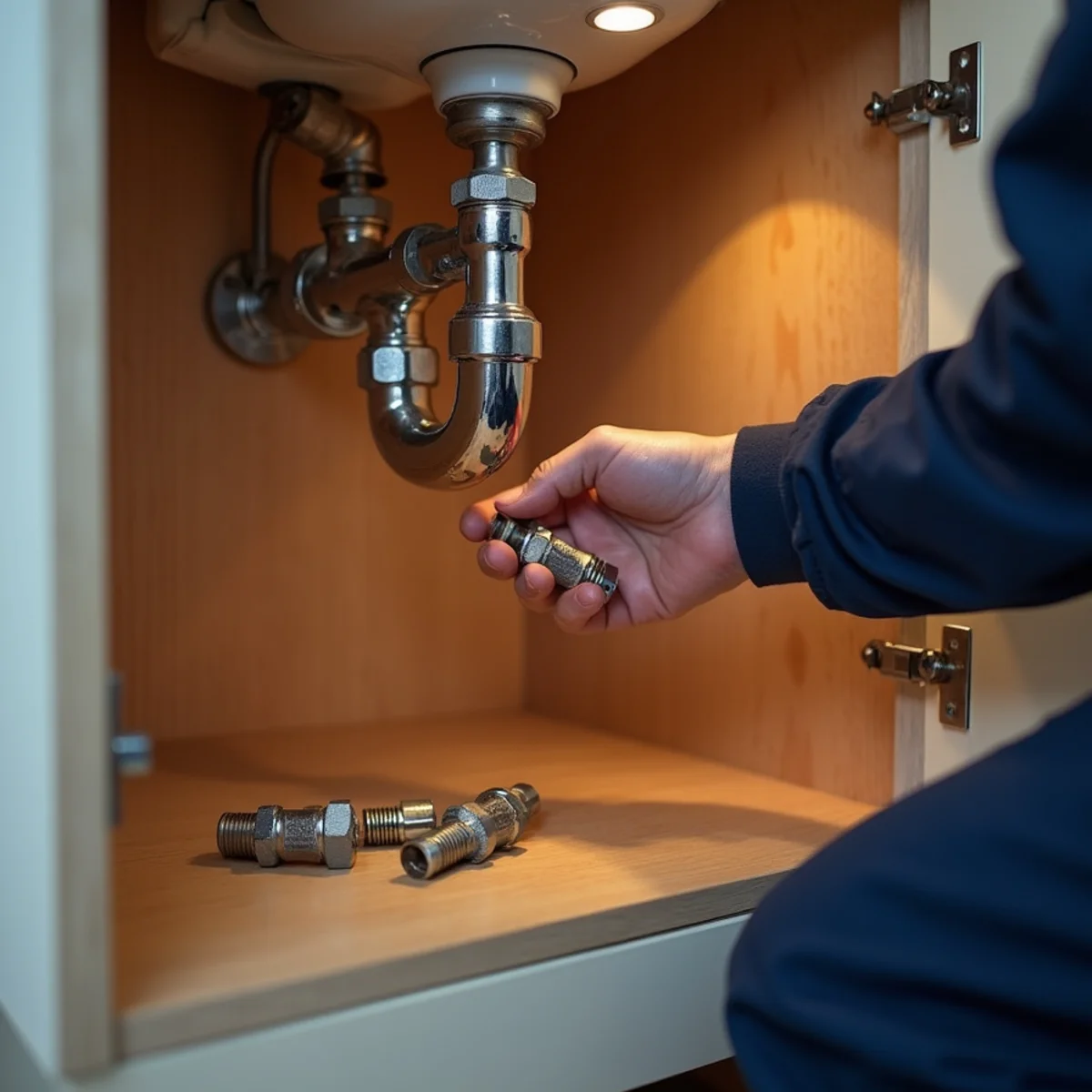 Pair of braided stainless supply connectors being fitted under a bathroom sink