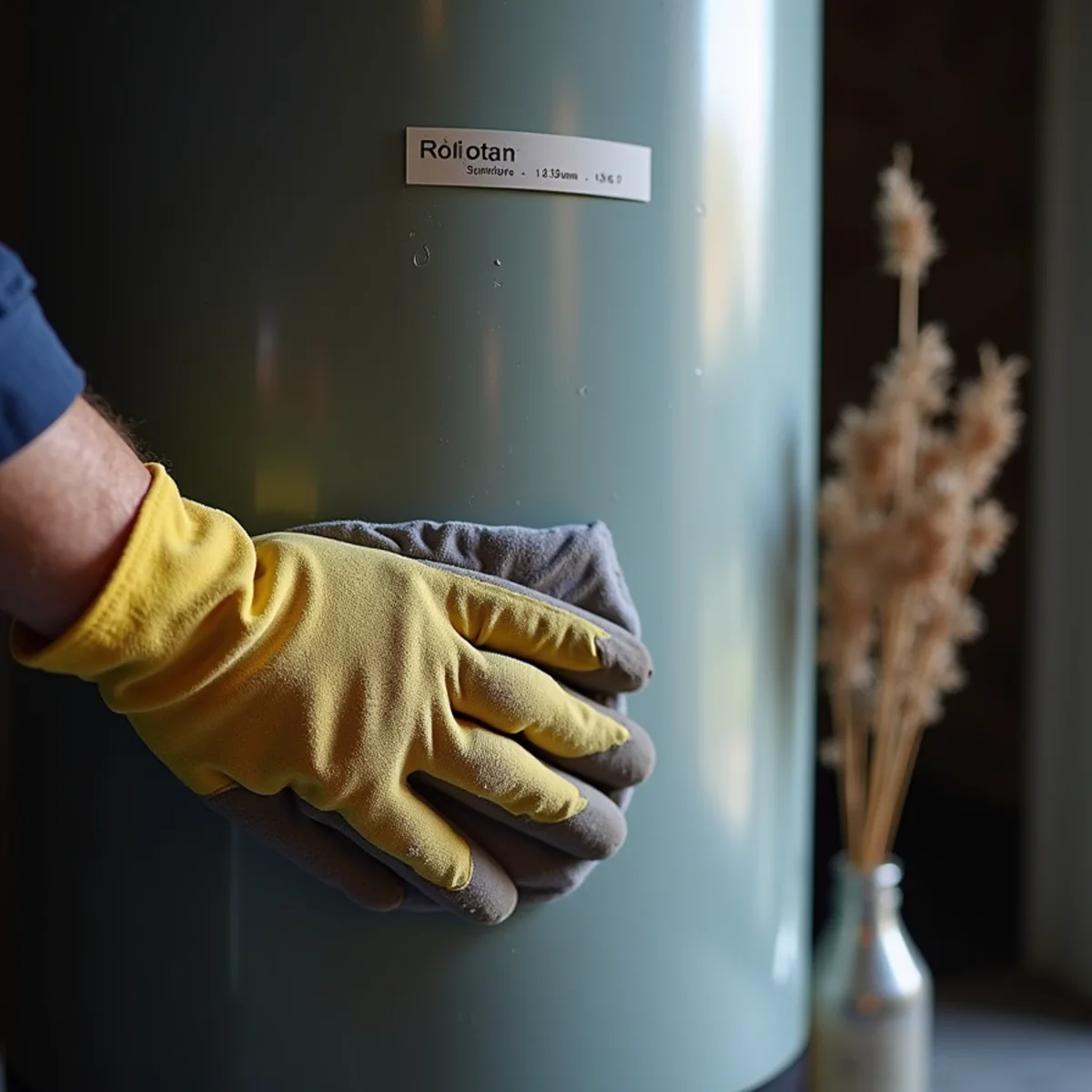 Gloved hand wiping dust from the data plate of an aging garage water heater to read the manufacture date