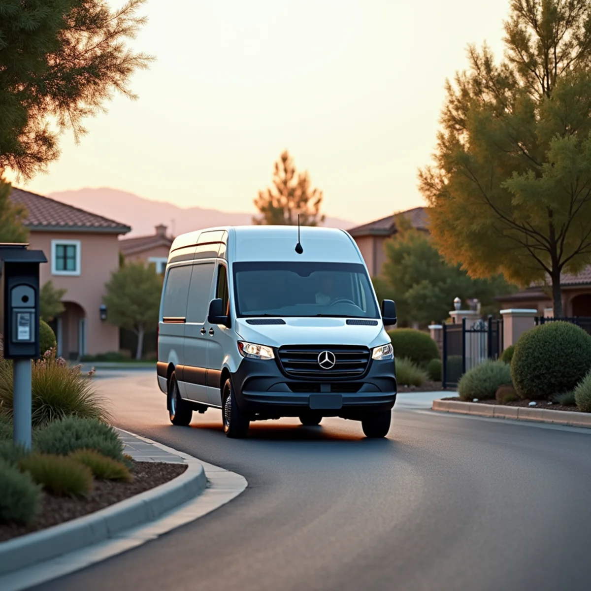 Restoration van waiting at the gated entrance of a planned community