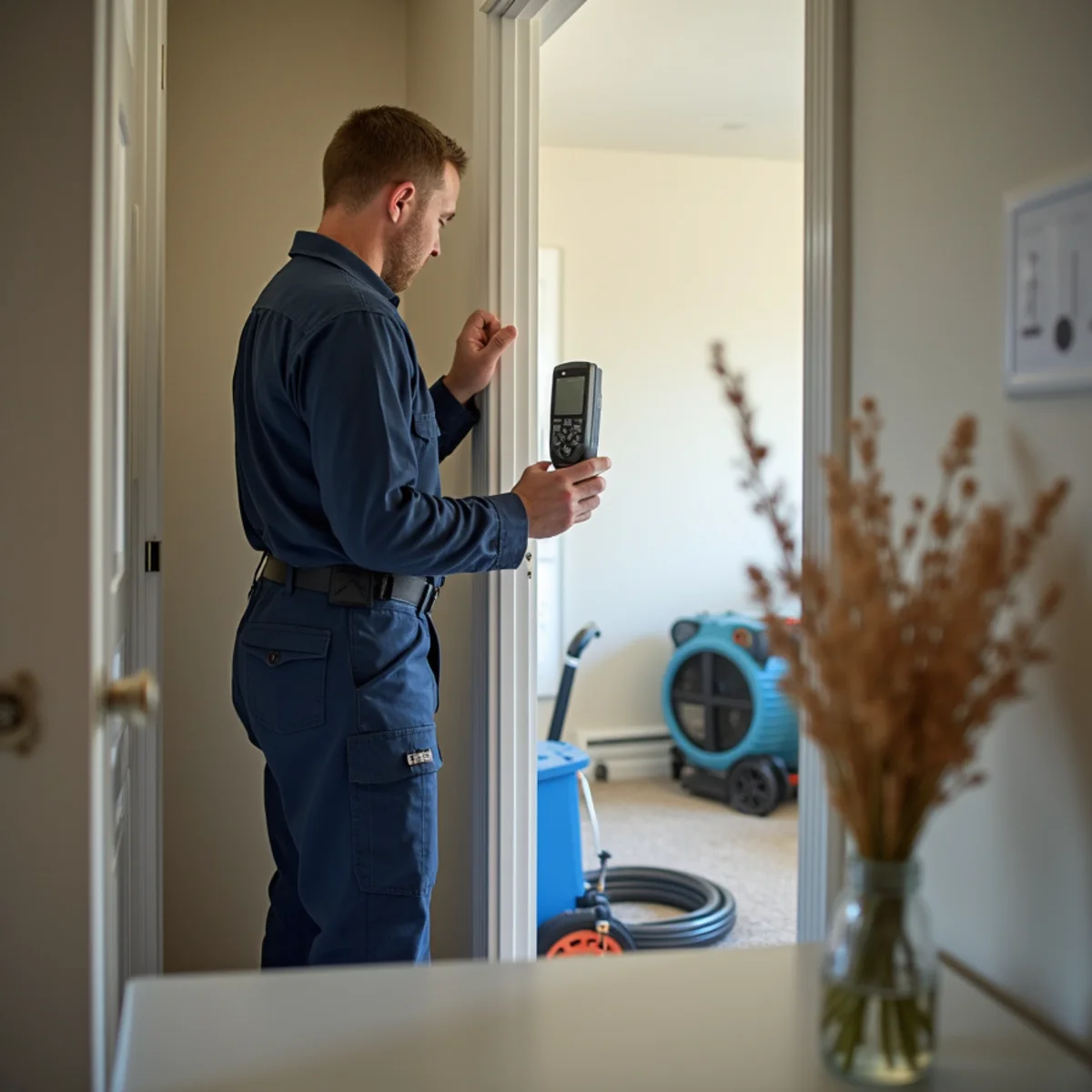 Technician taking readings on a shared party wall between two attached homes
