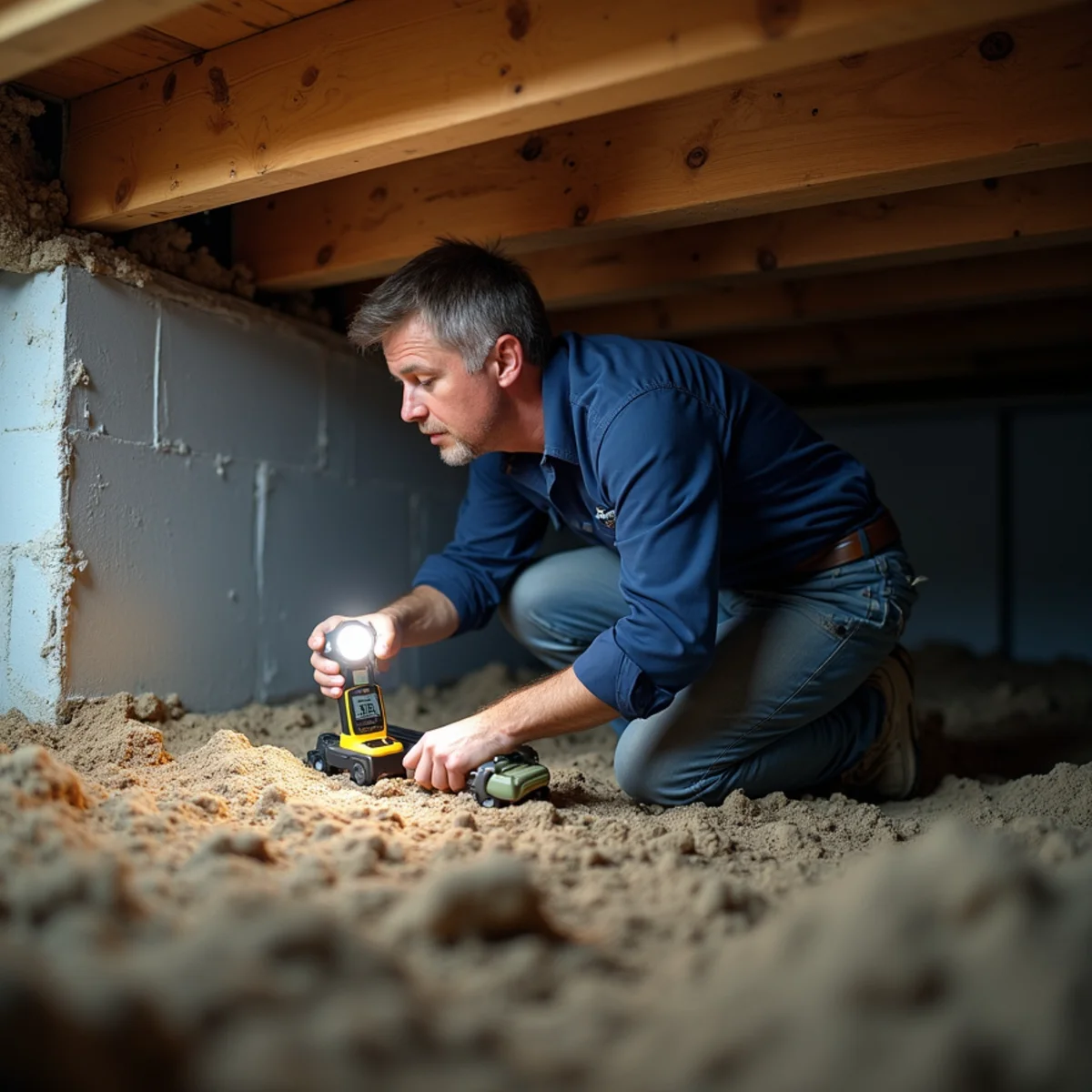 Technician on a creeper board under a raised-foundation home with a work light and moisture meter
