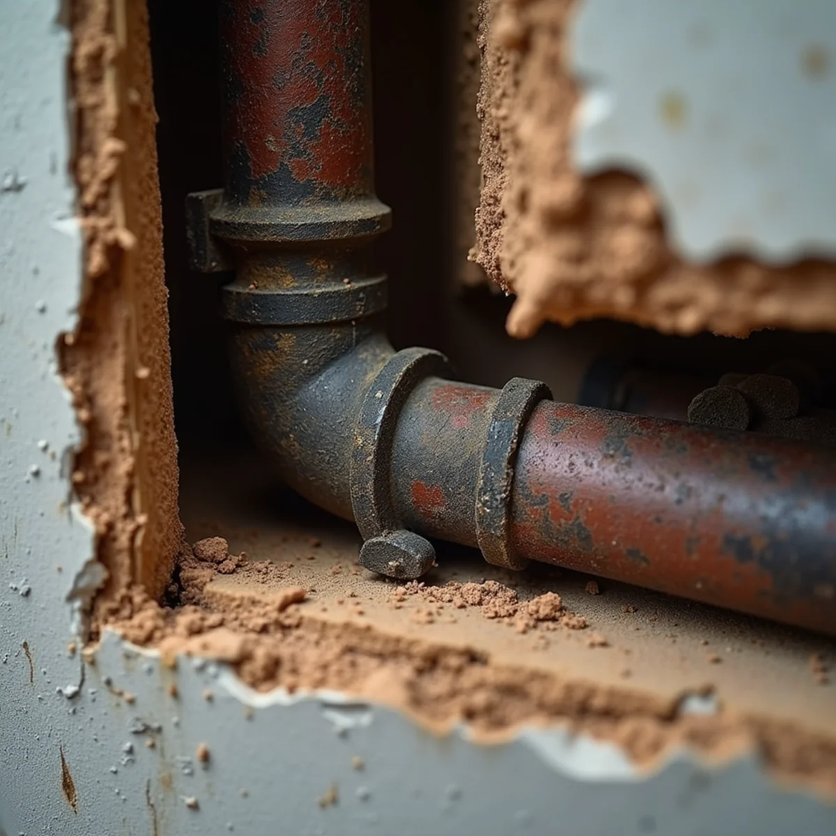 Cut-away view of both a scaled galvanized supply pipe and a corroded cast iron drain line exposed in the same opened wal