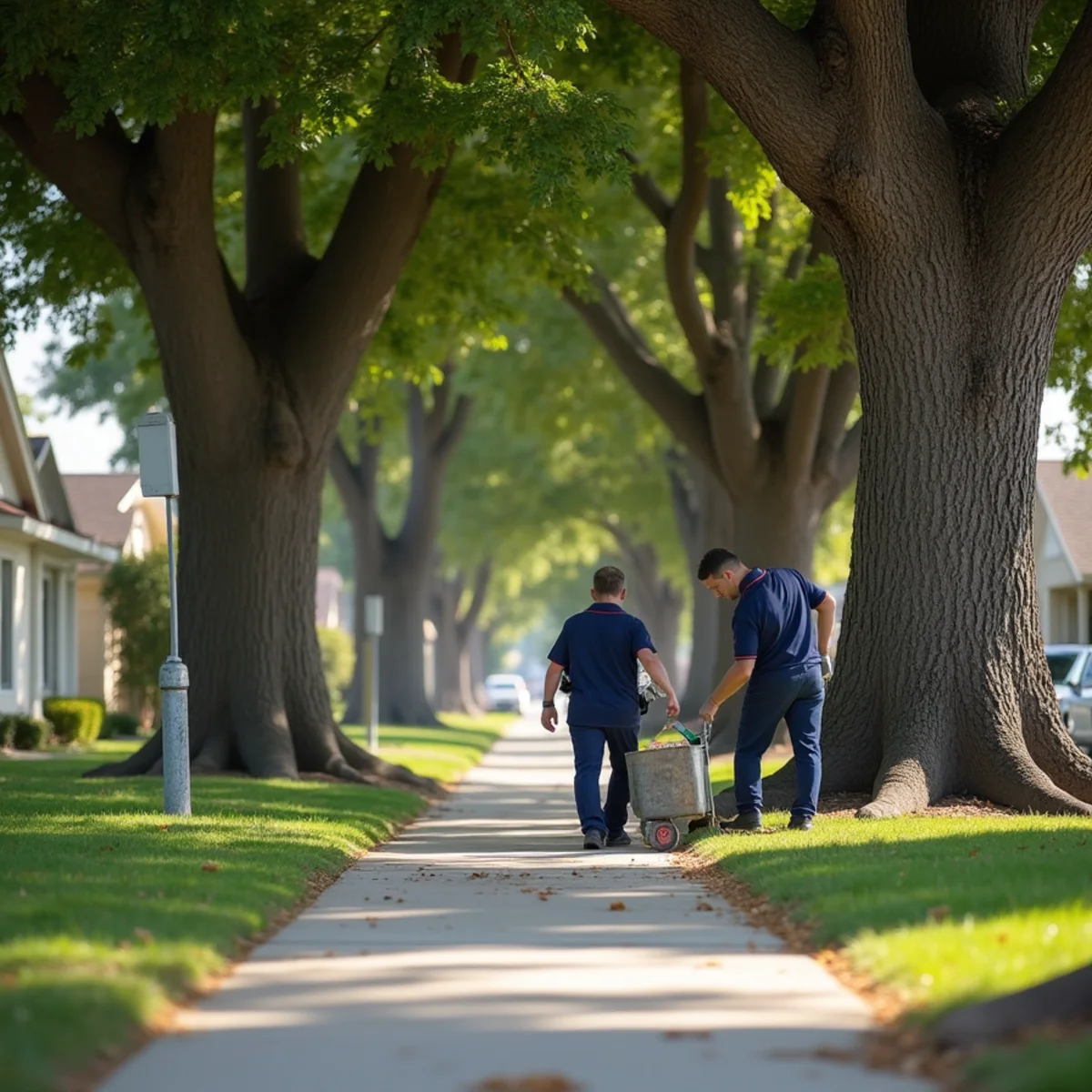 Single-story ranch homes under mature parkway trees near Penn Park in Whittier, CA