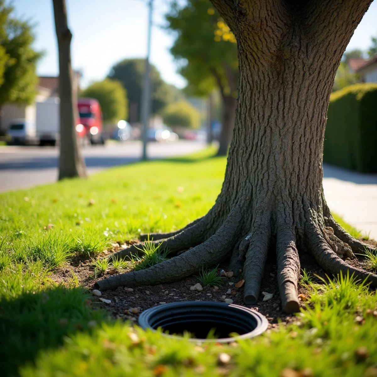 Mature parkway tree with a sewer cleanout visible in the lawn beside it