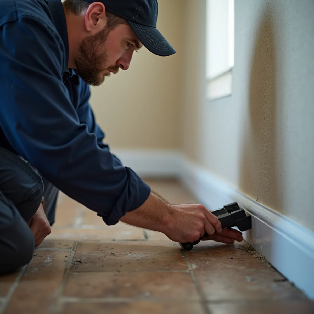 Technician taking a penetrating moisture reading at the base of a shared wall between two attached homes