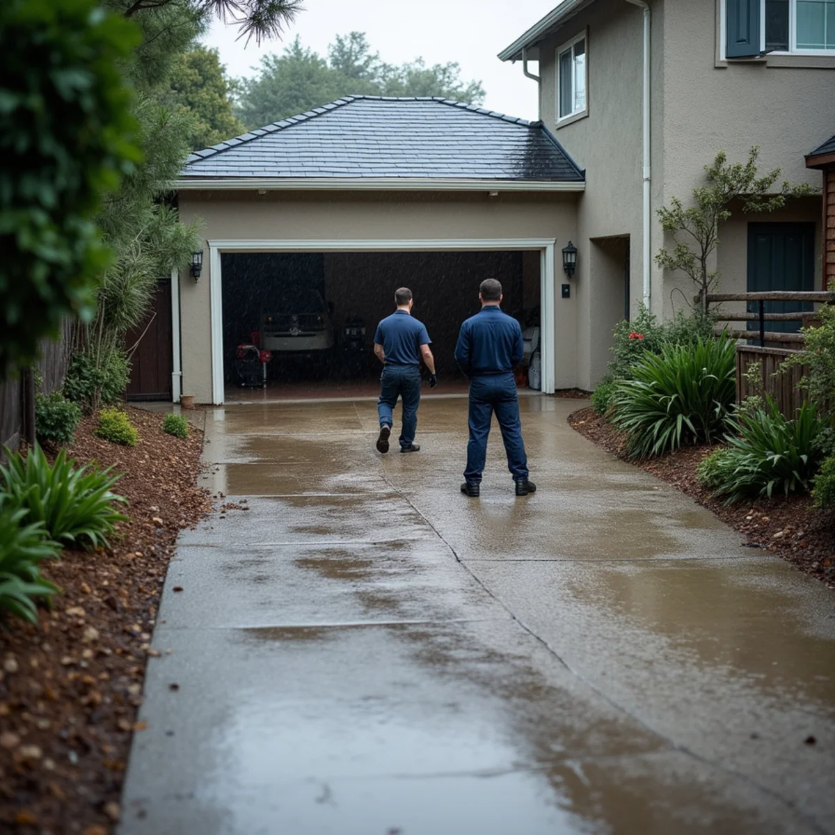 Storm water sheeting down a sloped driveway toward an open garage on a hillside lot