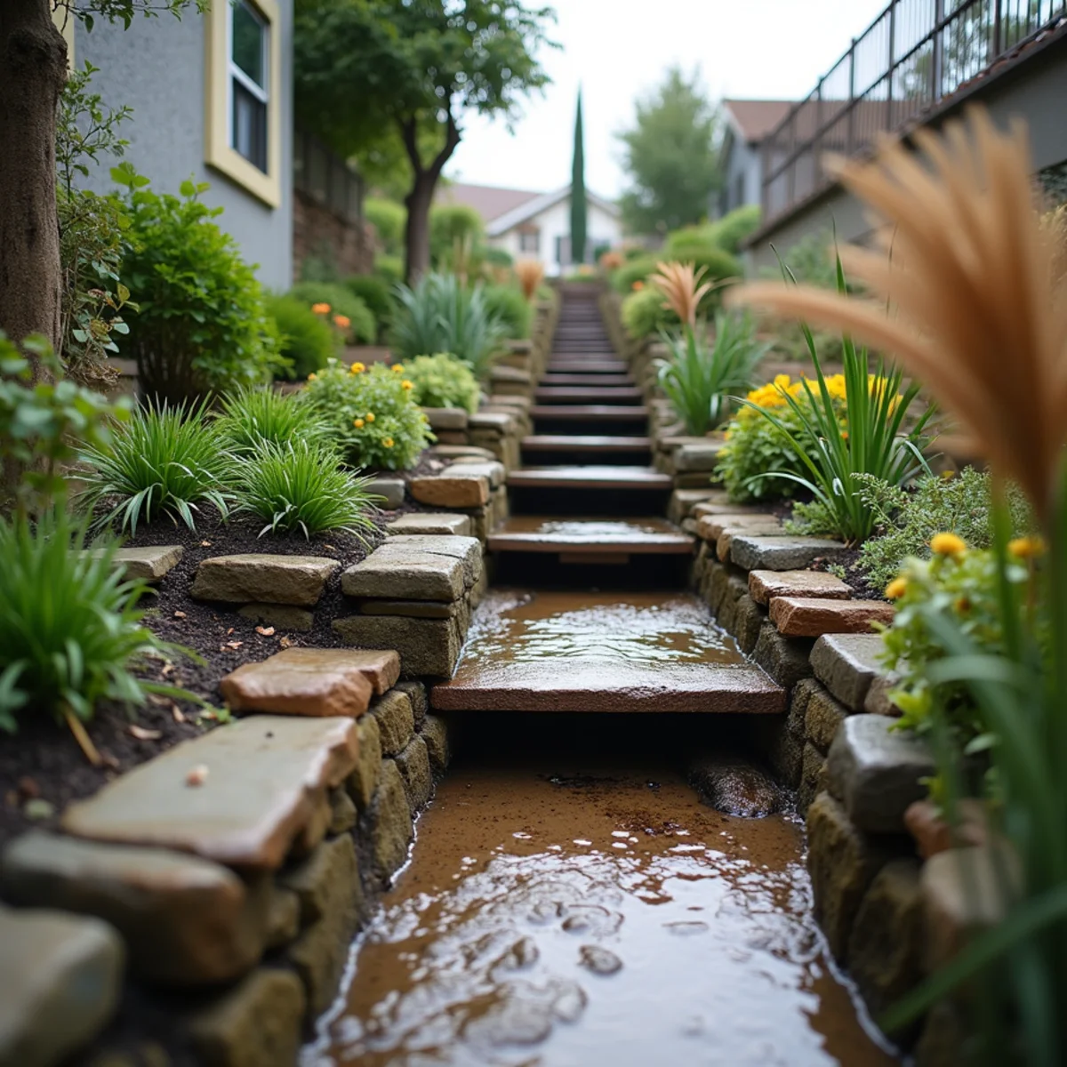 Stepped terraced hillside garden with a blocked drain partway up the slope overflowing onto the terrace below