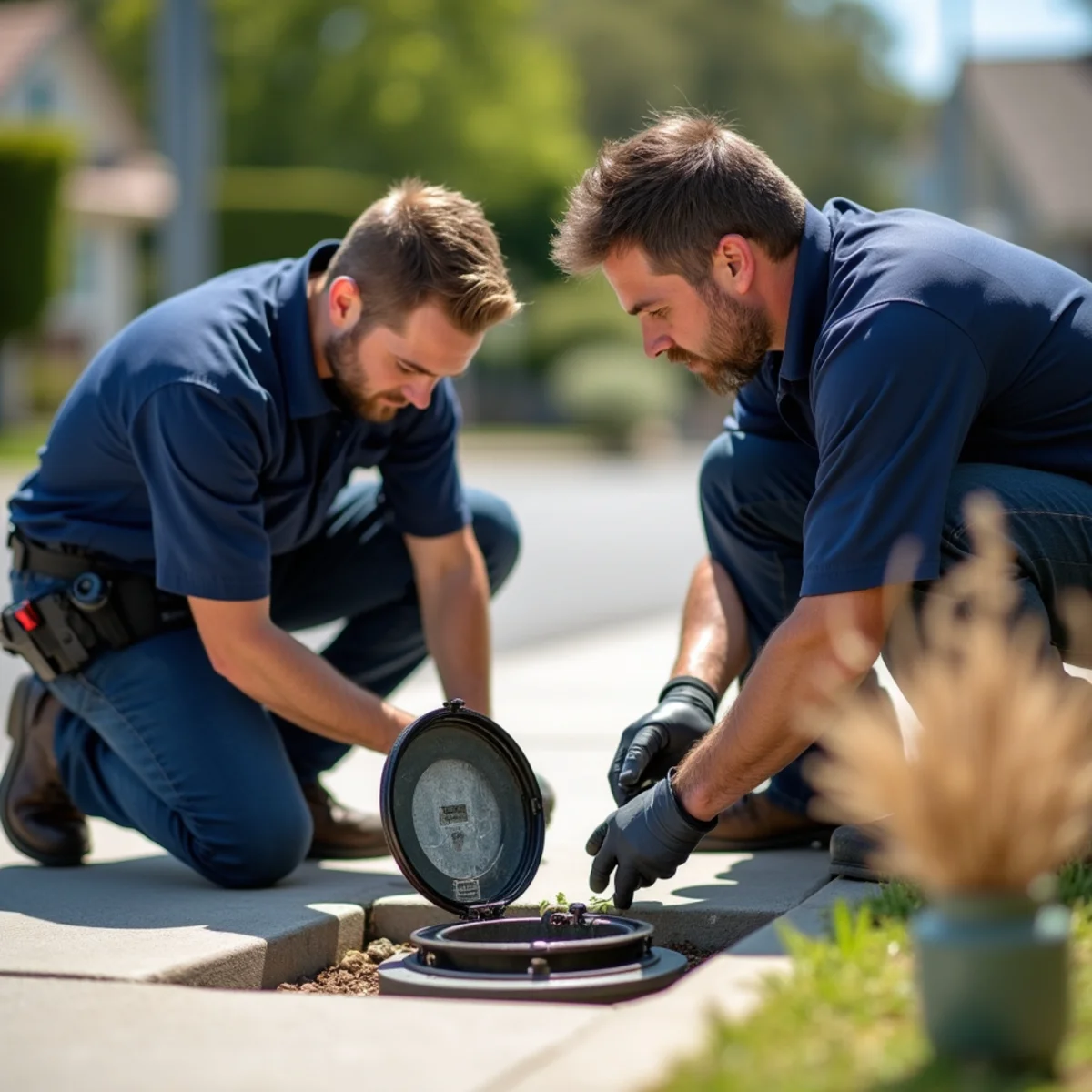 Homeowner and technician crouched at an open parkway meter box watching the leak indicator dial