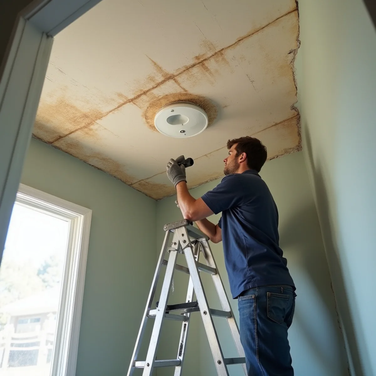 Water staining spreading across a downstairs ceiling below an upstairs bathroom in a 2000s home