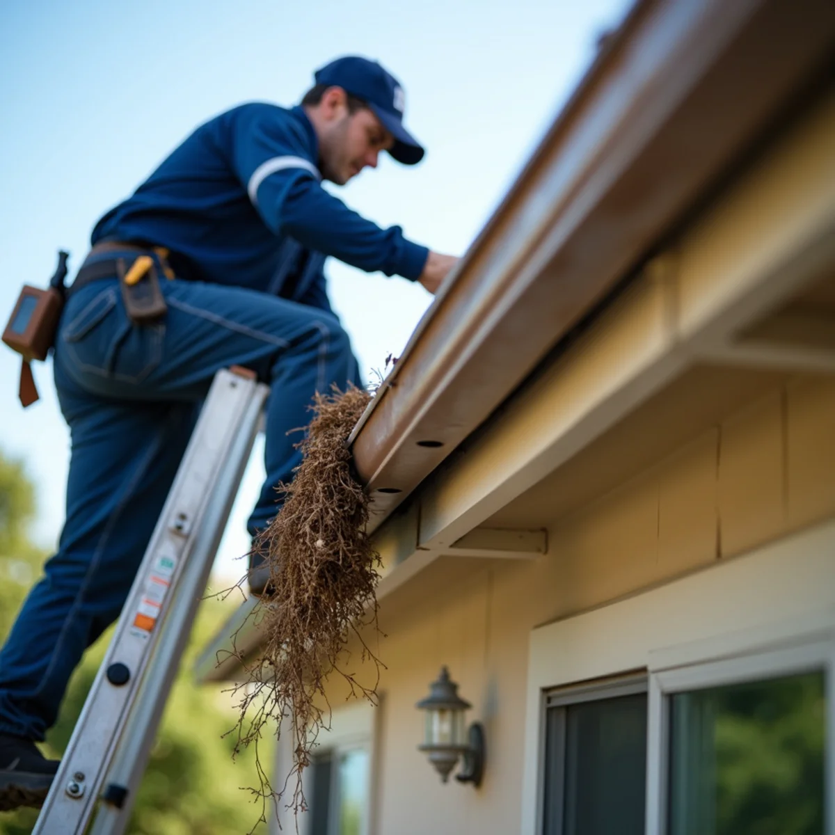 Debris-packed gutter on a 2000s two-story home being cleared by hand from a ladder