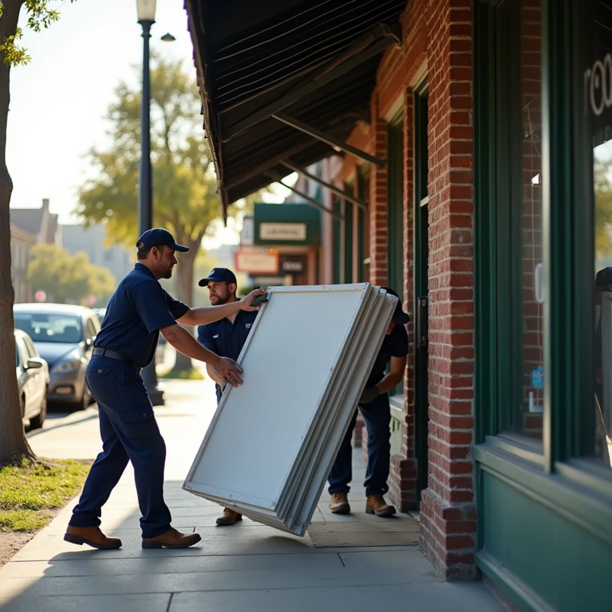 Restoration crew carrying containment panels into a 1920s storefront on a historic commercial street in Uptown Whittier