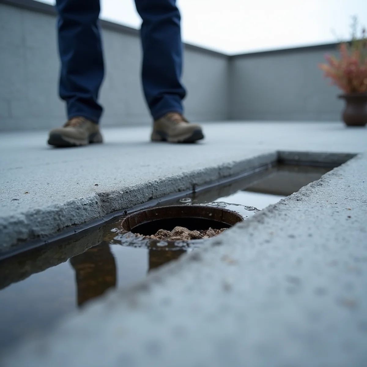 Ponded flat commercial roof with a debris-choked internal drain at the low point