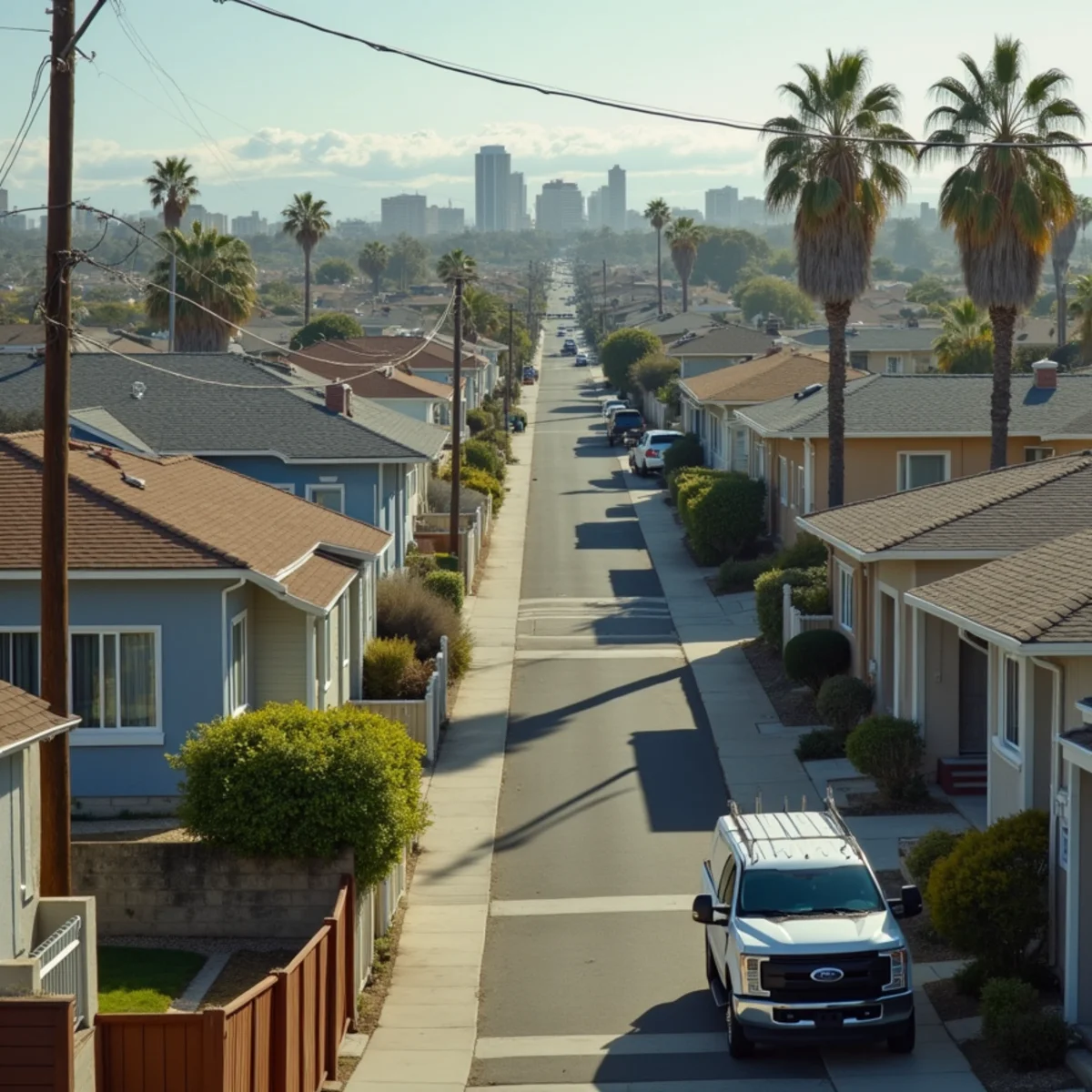Dense 1940s post-war housing on small lots near the 605 freeway in West Whittier, CA