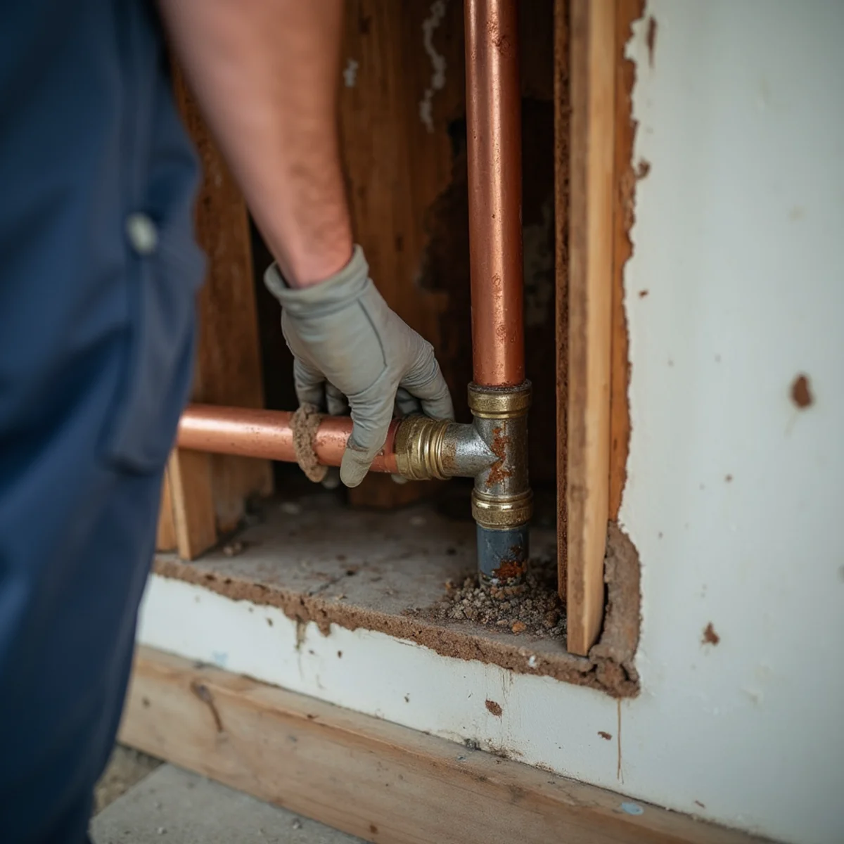 Opened wall cavity showing newer copper pipe joined to older galvanized at a transition fitting