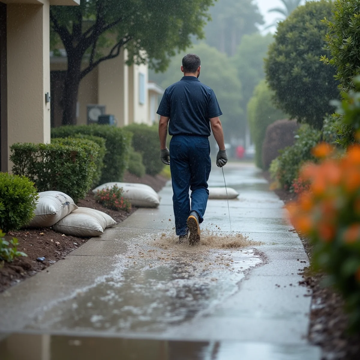 Storm runoff sheeting across a flat driveway toward a garage threshold in West Whittier
