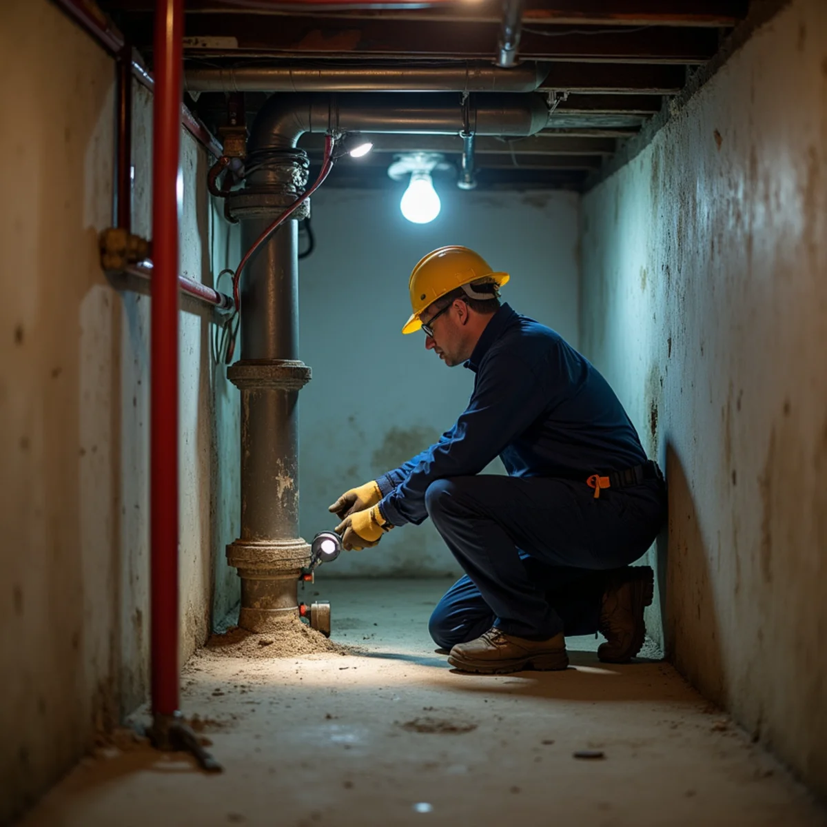 Technician inspecting an opened plumbing chase between stacked condominium units