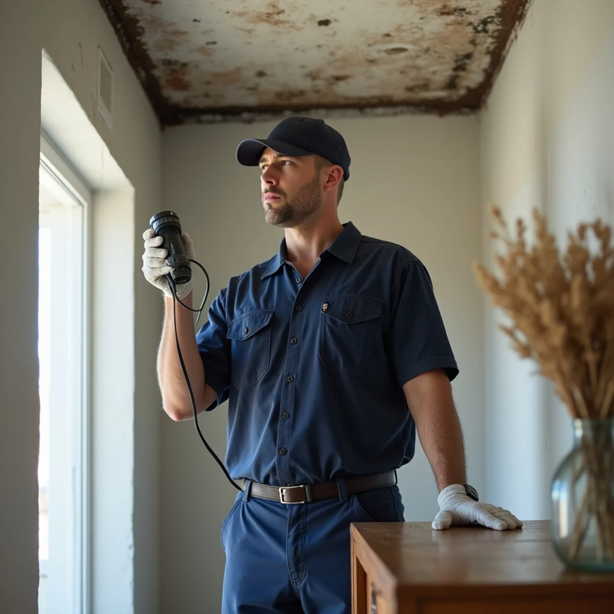 Technician taking moisture readings along the ceiling of a lower condominium unit while equipment runs in the room above
